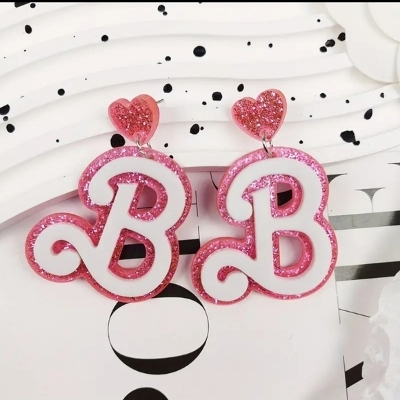 Creative Letter B Dangle Earrings Acrylic Pink with Glitter Barbie - Picture 5 of 6